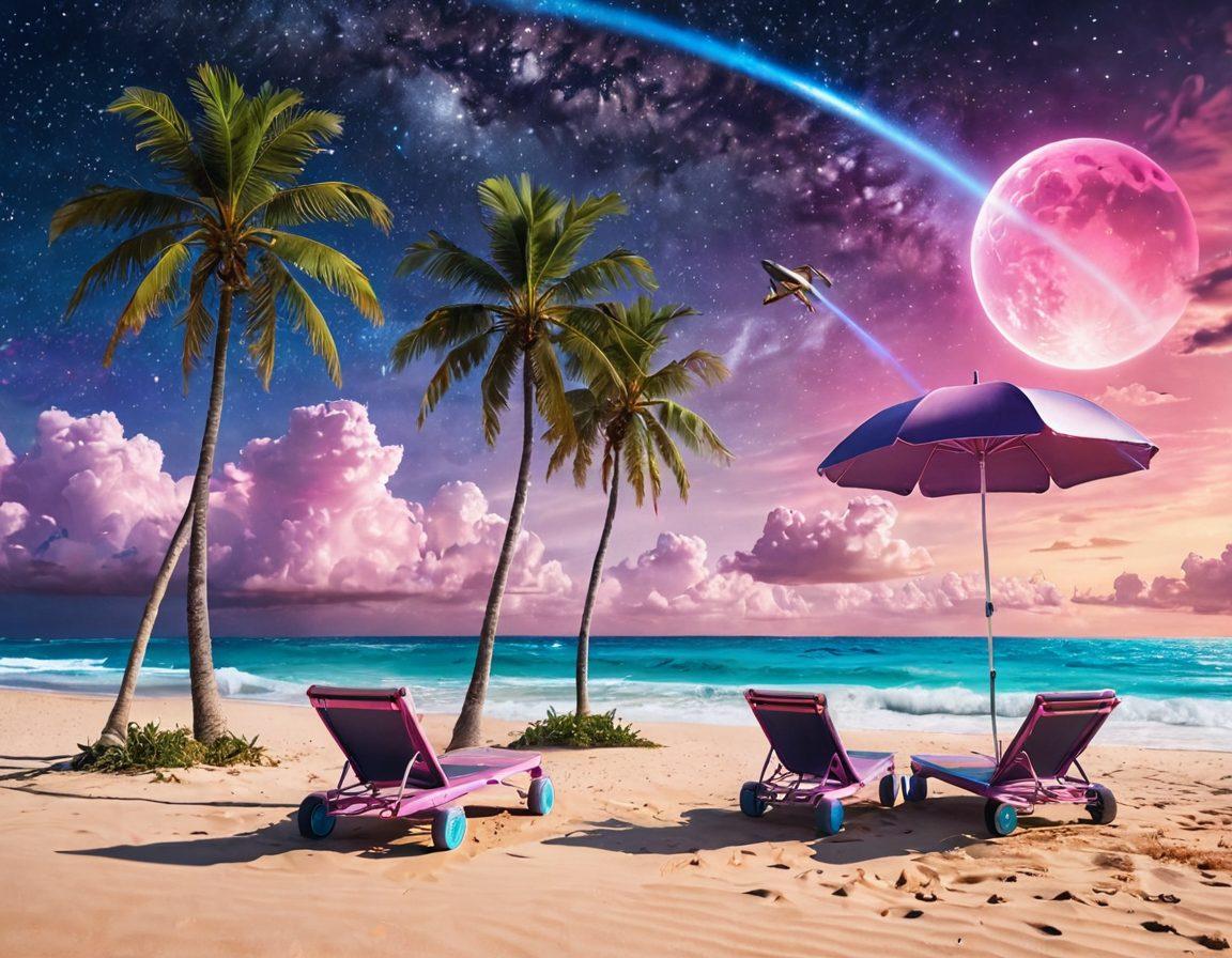 A cosmic beach scene featuring vibrant extraterrestrial beaches with glowing sands and shimmering waves under a starry sky. A diverse group of space tourists in stylish, futuristic beachwear is lounging and playing, showcasing innovative designs infused with galactic themes. Floating islands with alien palm trees and pink, surreal skies provide a fantastical backdrop. Include innovative beach accessories like hoverboards and holographic umbrellas. surrealist art. vibrant colors. 3D.